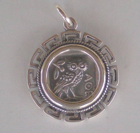 Owl, symbol of Wisdom and Goddess Athena - Meander, symbol of eternity - Coin Pendant - 925 Sterling Silver