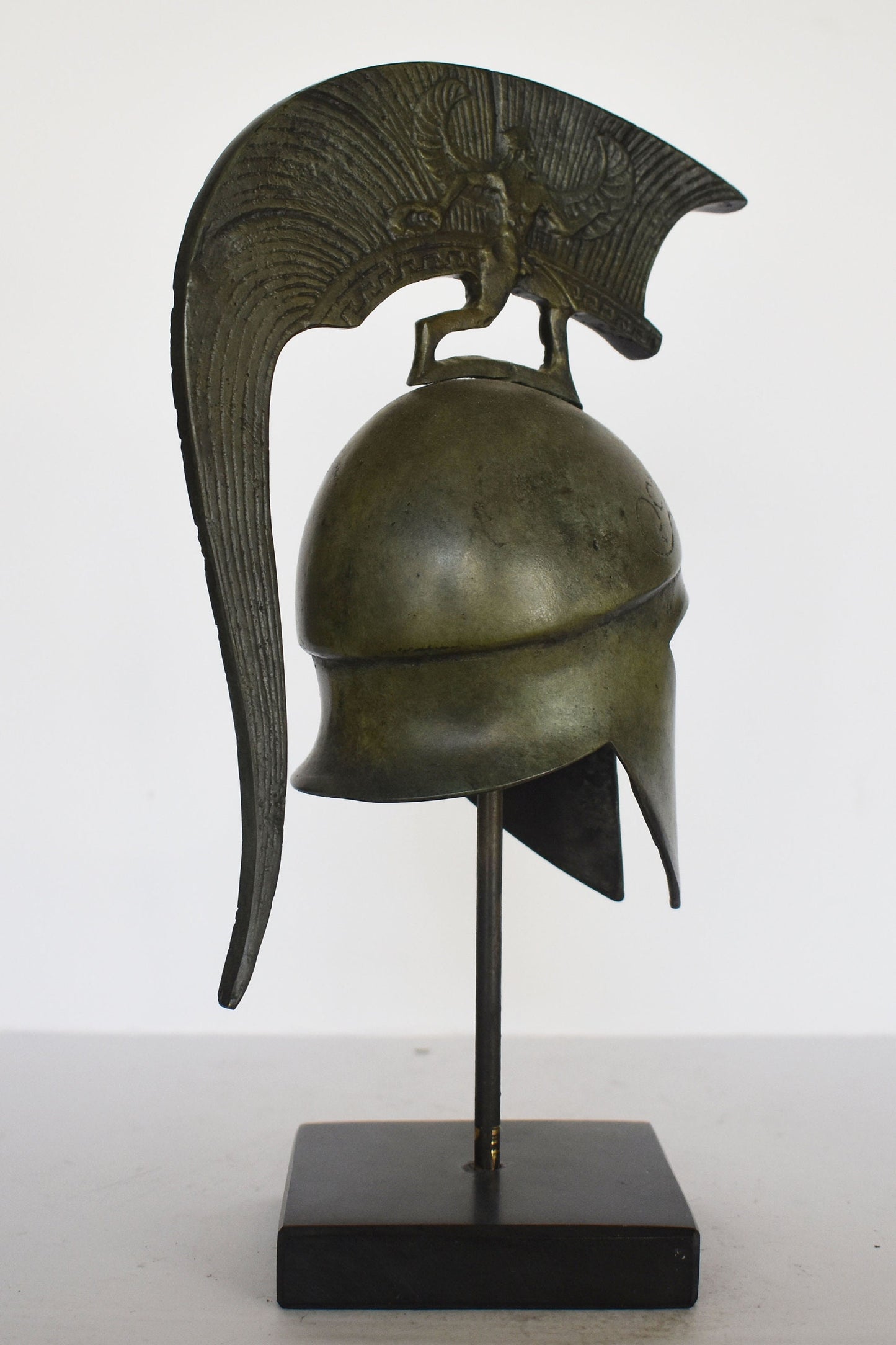 Ancient Greek Spartan Corinthian Helmet - Sphinx and eternity Motif - marble base - museum reproduction - pure bronze statue