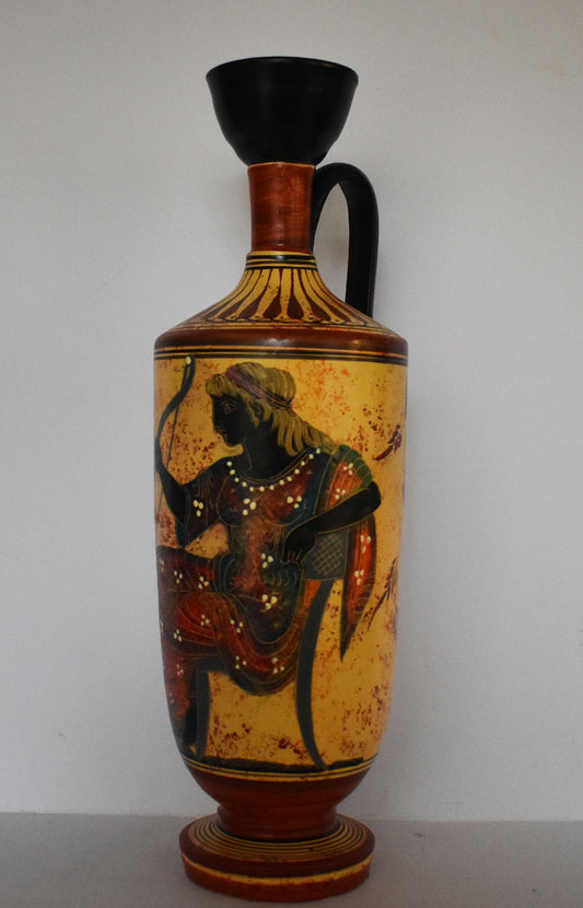 Lekythos - Storing Oil and Funerary Rites Vessel - Artemis - Goddess of Animals, Hunting - Floral design - Ceramic Vase