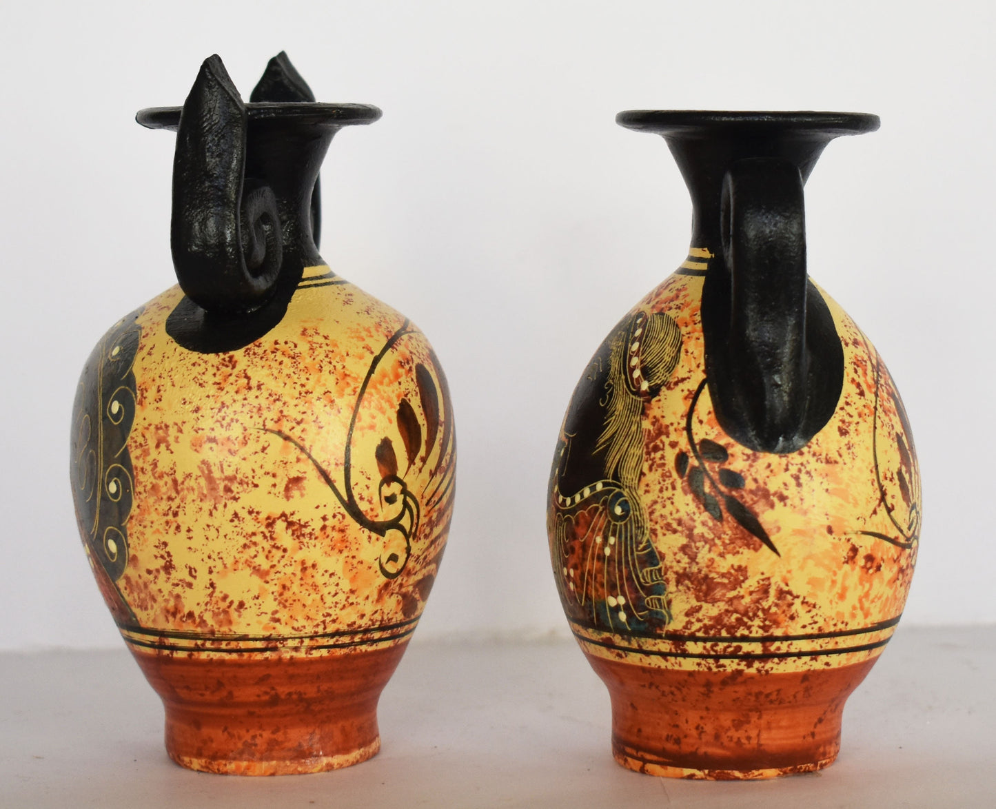 Set of 2 Small Ancient Greek Vases - Aphrodite and Apollo - Floral design - Ceramic Vessels