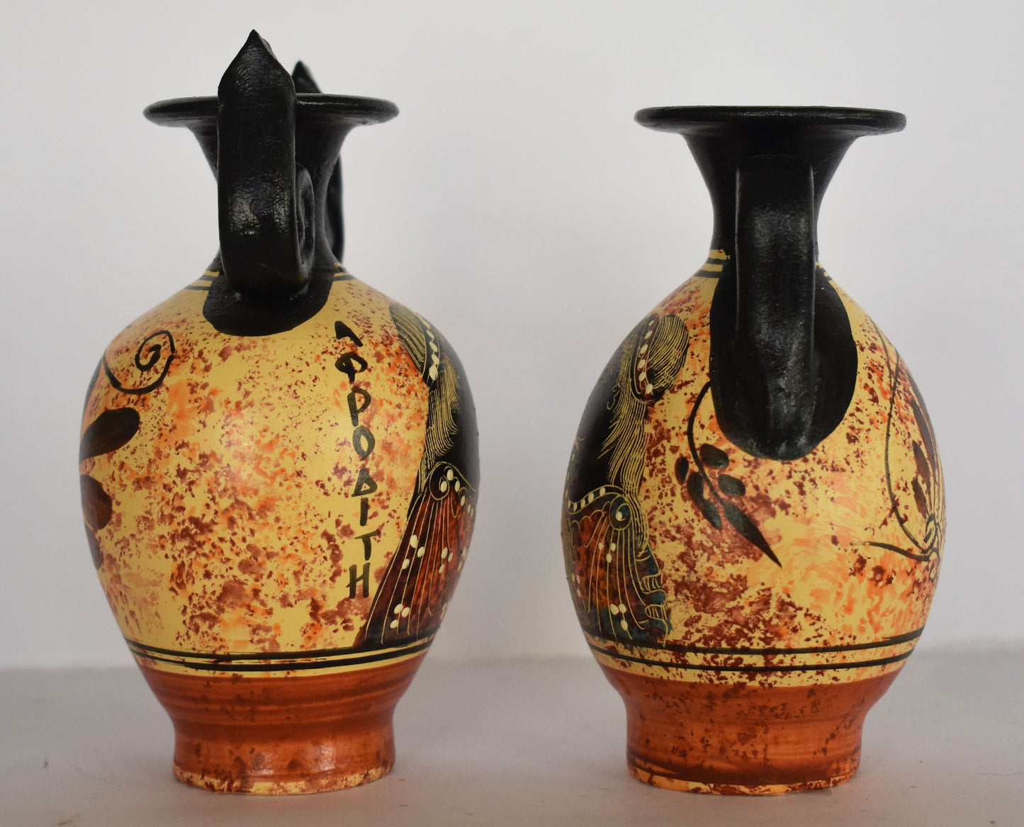 Set of 2 Small Ancient Greek Vases - Aphrodite and Apollo - Floral design - Ceramic Vessels