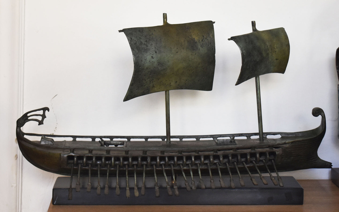 Ancient Greek Ship -Trireme - Bireme - Penteconter - Athenian Spartan Fleet against Persian Empire - pure Bronze Sculpture  with marble base