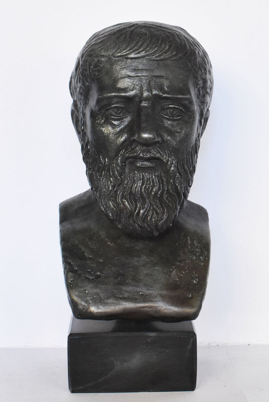Plato - Ancient Greek Philoshopher - Athens, 428–348 BC - Marble Base - Museum Reproduction - Head Bust- Bronze Colour Effect