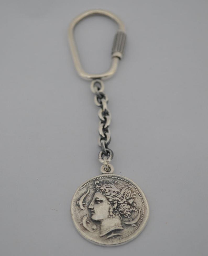 Artemis Diana - Greek Roman Goddess of hunt - Keychain - Syracuse Dekadrachm - 925 Sterling Silver