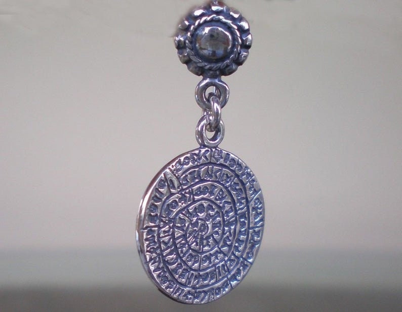 Phaistos Disc Coin - Minoan Period - Crete, Ancient Greece - Earrings - 925 Sterling Silver