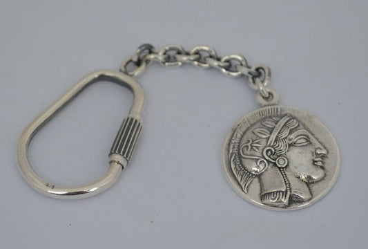 Athena  Minerva - Greek Roman Goddess of wisdom and Owl - Keychain - Athenian Tetradrachm coin - 925 Sterling Silver