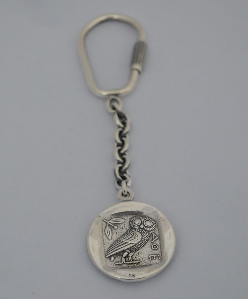 Athena Minerva - Greek Roman Goddess of wisdom and Owl - Keychain - Athenian Tetradrachm coin - 925 Sterling Silver