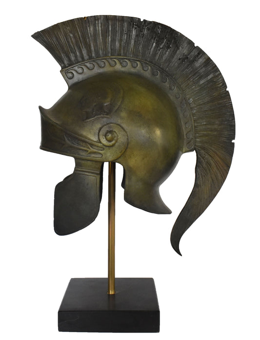 Ancient Greek Athenian Corinthian Helmet - Goddess Athena figure - marble base  - museum reproduction - pure bronze  statue