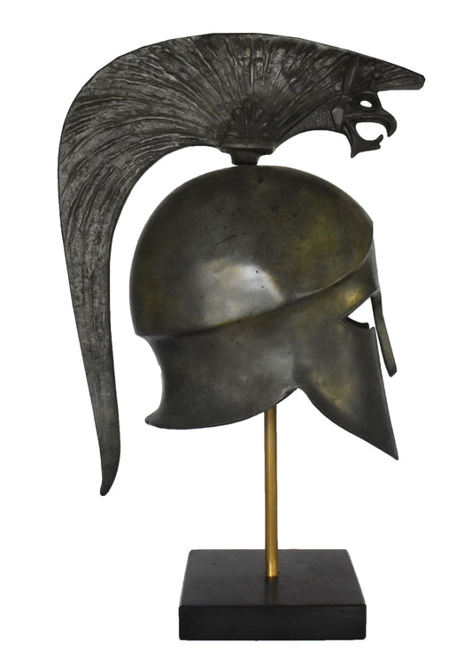 Ancient Greek Spartan Corinthian Helmet - Griffin and floral Motif - marble base  - museum reproduction - pure bronze  statue