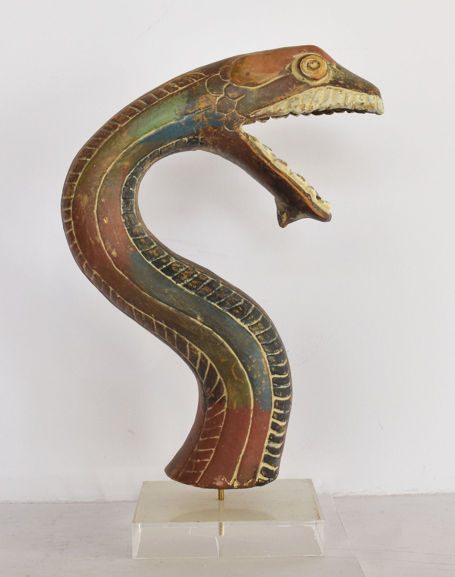 Greek Polychrome Head of a Serpent - 6th Century BC.- Athens - Acropolis Museum - Reproduction- Plexiglass Base - Ceramic Artifact