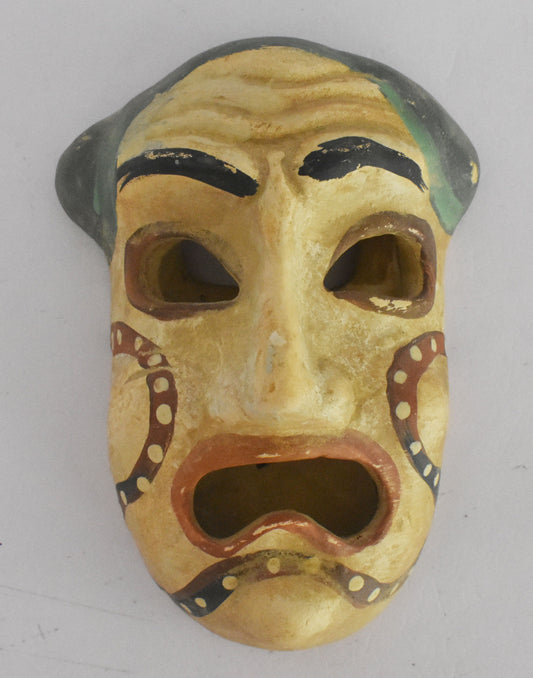 Ancient Greek Theatrical Mask - Tragedy - Yellow Clay - 500 BC - Miniature - Museum Reproduction - Ceramic Artifact