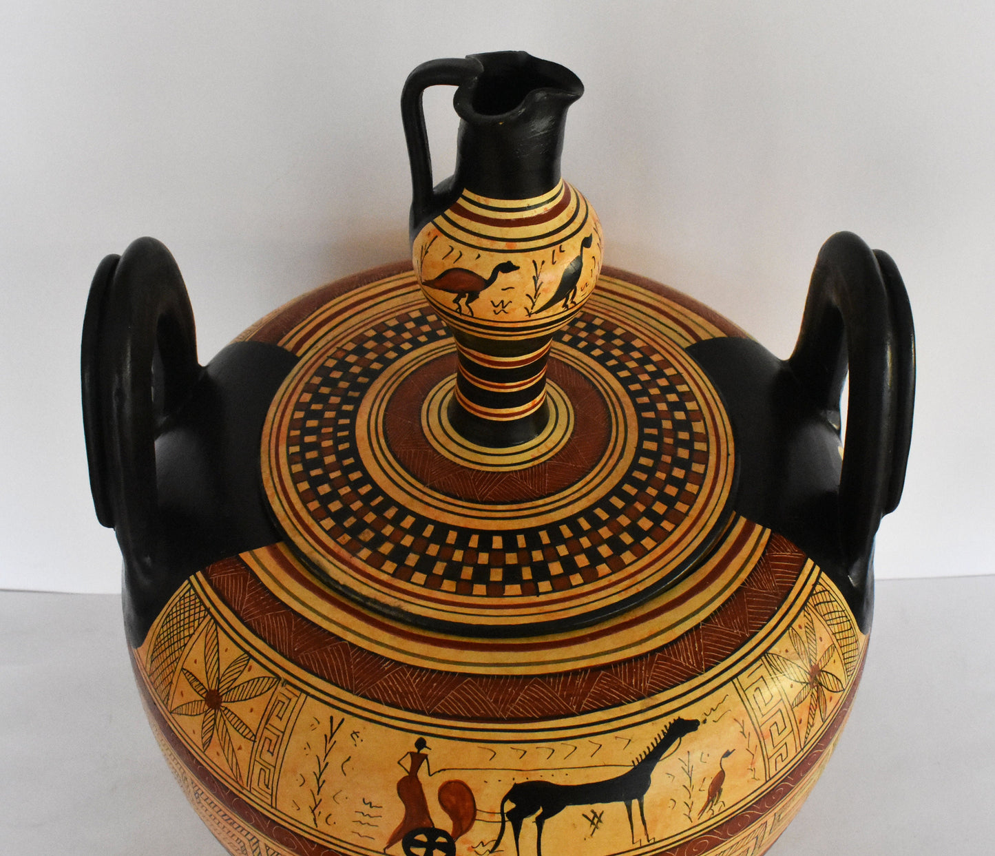 Geometric period Vessel - Man on a Chariot, Animals, Meander and Rosette Motives - Ceramic Vase