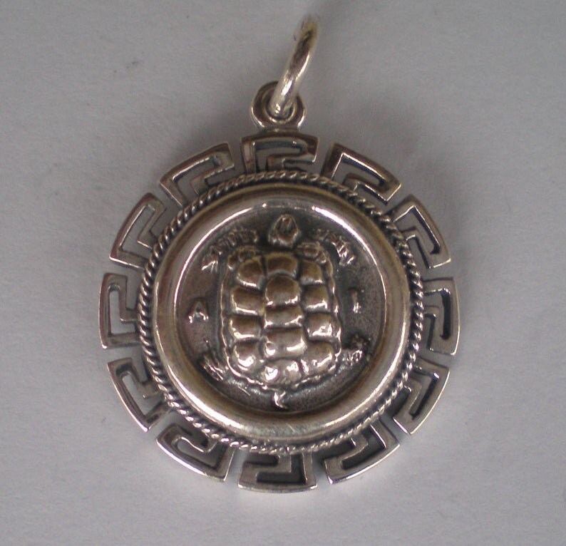 Aegina's sea turtle - first Ancient Greek coin - Symbol of Longevity, Stability, Protection - Meander Design - Pendant - 925 Sterling Silver