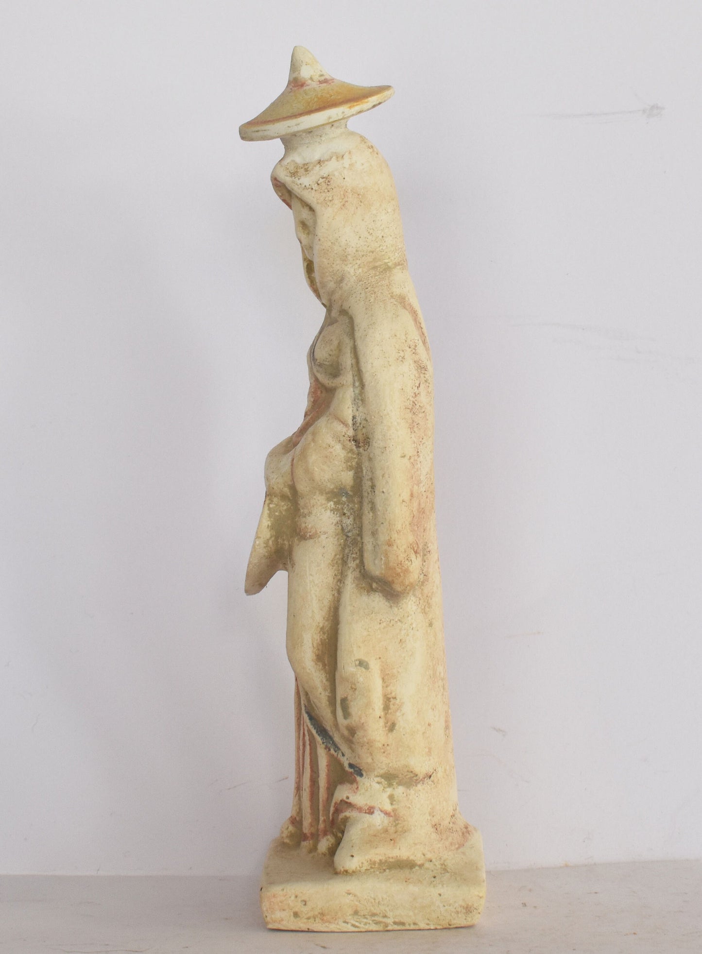 Tanagra Figurine - Draped Young Woman wearing Hat, Chiton,Cloak and Fan - Museum Reproduction - Ceramic Artifact