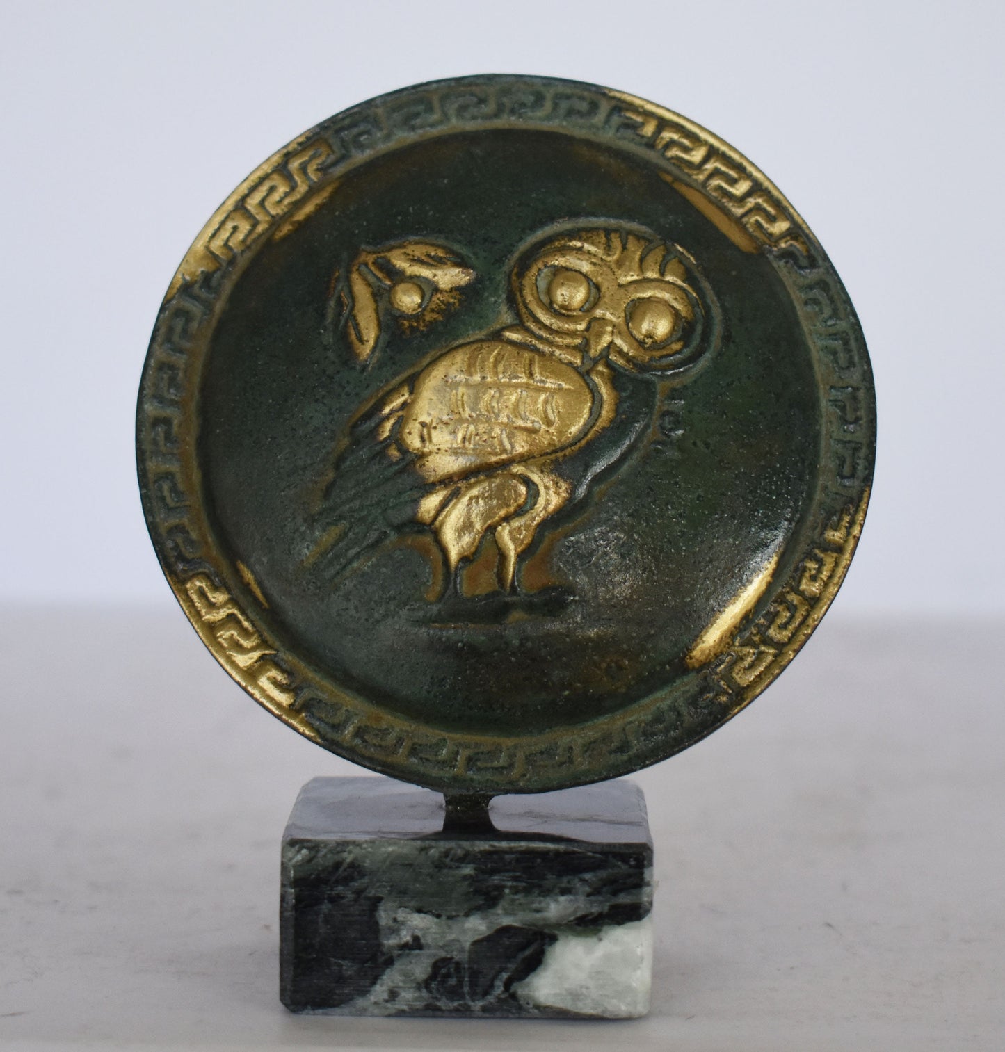 Ancient Greek Athenian Shield - Aspis - Owl symbol - marble base - Museum Replica - pure Bronze Sculpture