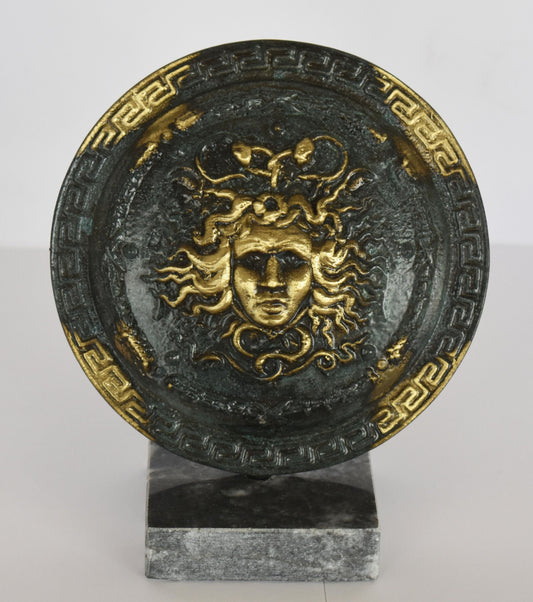 Ancient Greek Shield - Medusa Head - marble base - Museum Replica - pure Bronze Sculpture