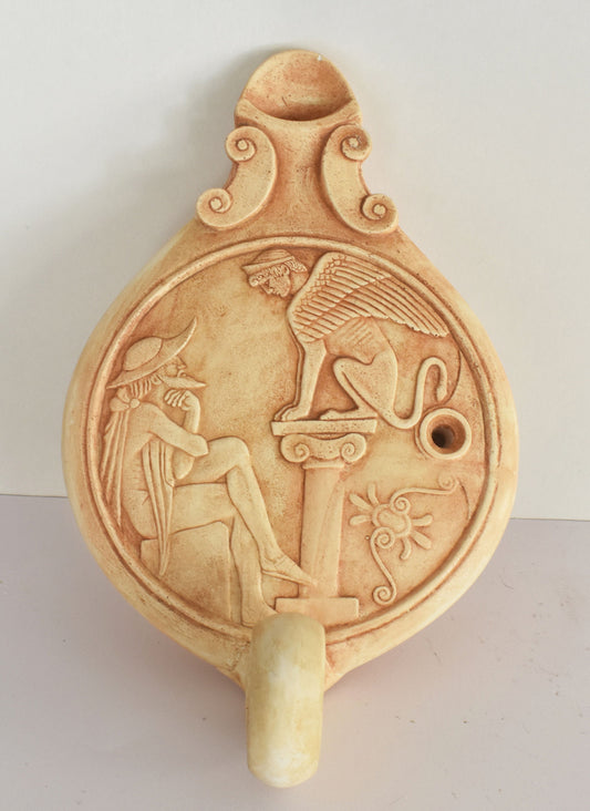 Oil Lamp -  Oedipus and the Riddle of the Sphinx - Greek Mythology Theme - Museum Reproduction - Ceramic Artifact