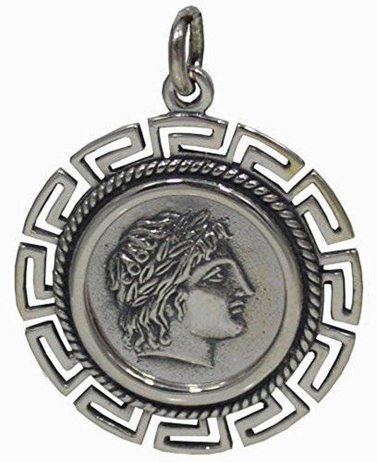 Apollo - Greek Roman God of Light, Healing, Music -  Meander Design - Coin Pendant - 925 Sterling Silver