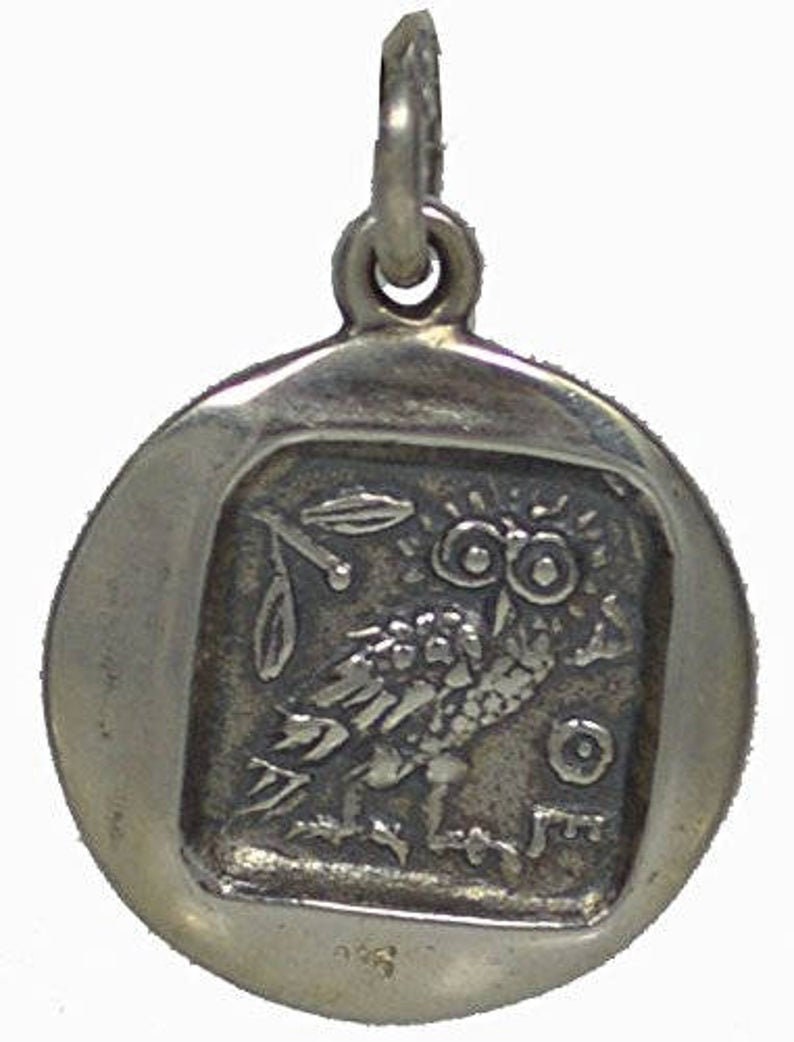 Athena Minerva - Greek Roman Goddess of wisdom - Owl, symbol of knowledge - Coin Pendant - 925 Sterling Silver