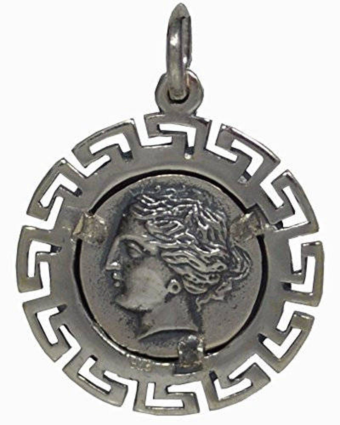 Pegasus, mythical winged divine horse - Artemis Diana, Greek Roman Goddess of hunting - Meander Design - Coin Pendant - 925 Sterling Silver