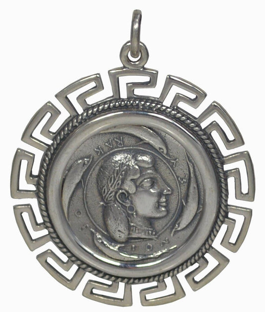 Artemis Diana - Greek Roman Goddess of of wild animals, hunting - Meander design -Syracuse Dekadrachm - Coin Pendant - 925 Sterling Silver