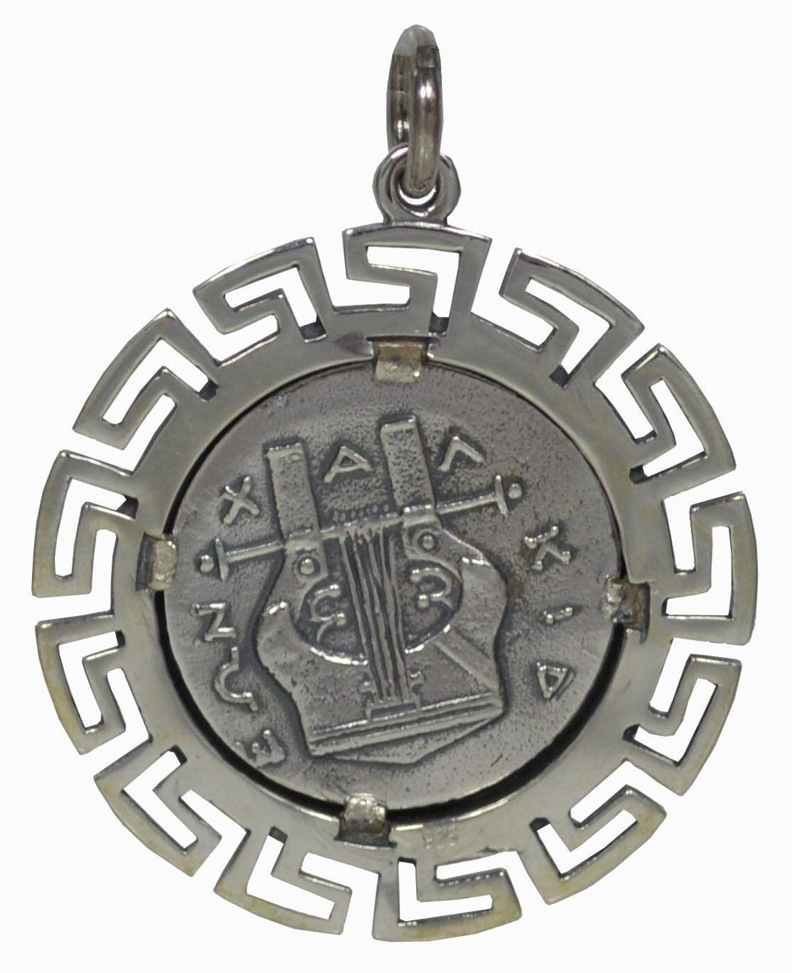 Apollo - Greek Roman God of archery, music and dance, prophecy, healing, Sun, light - Meander Design - Coin Pendant - 925 Sterling Silver