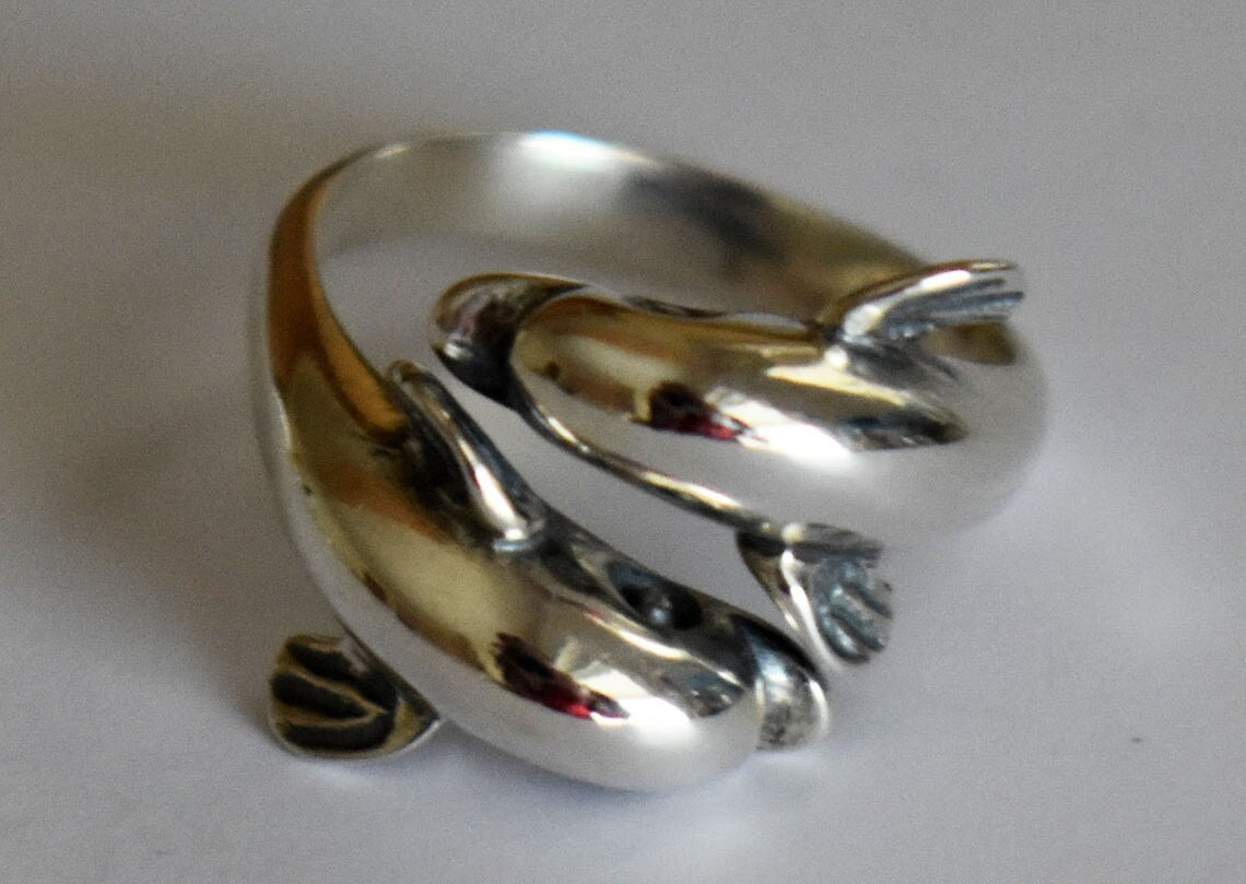 Dolphins - Symbol of Freedom, Protection and Good Luck - Ring - Size Between Us 6 to 8 1/2 - 925 Sterling Silver