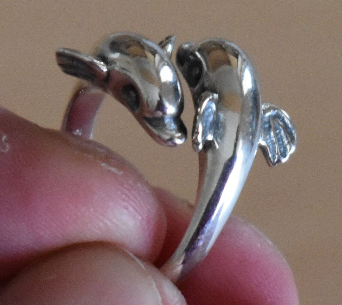 Dolphins - Symbol of Freedom, Protection and Good Luck - Ring - Size Between Us 6 to 8 1/2 - 925 Sterling Silver