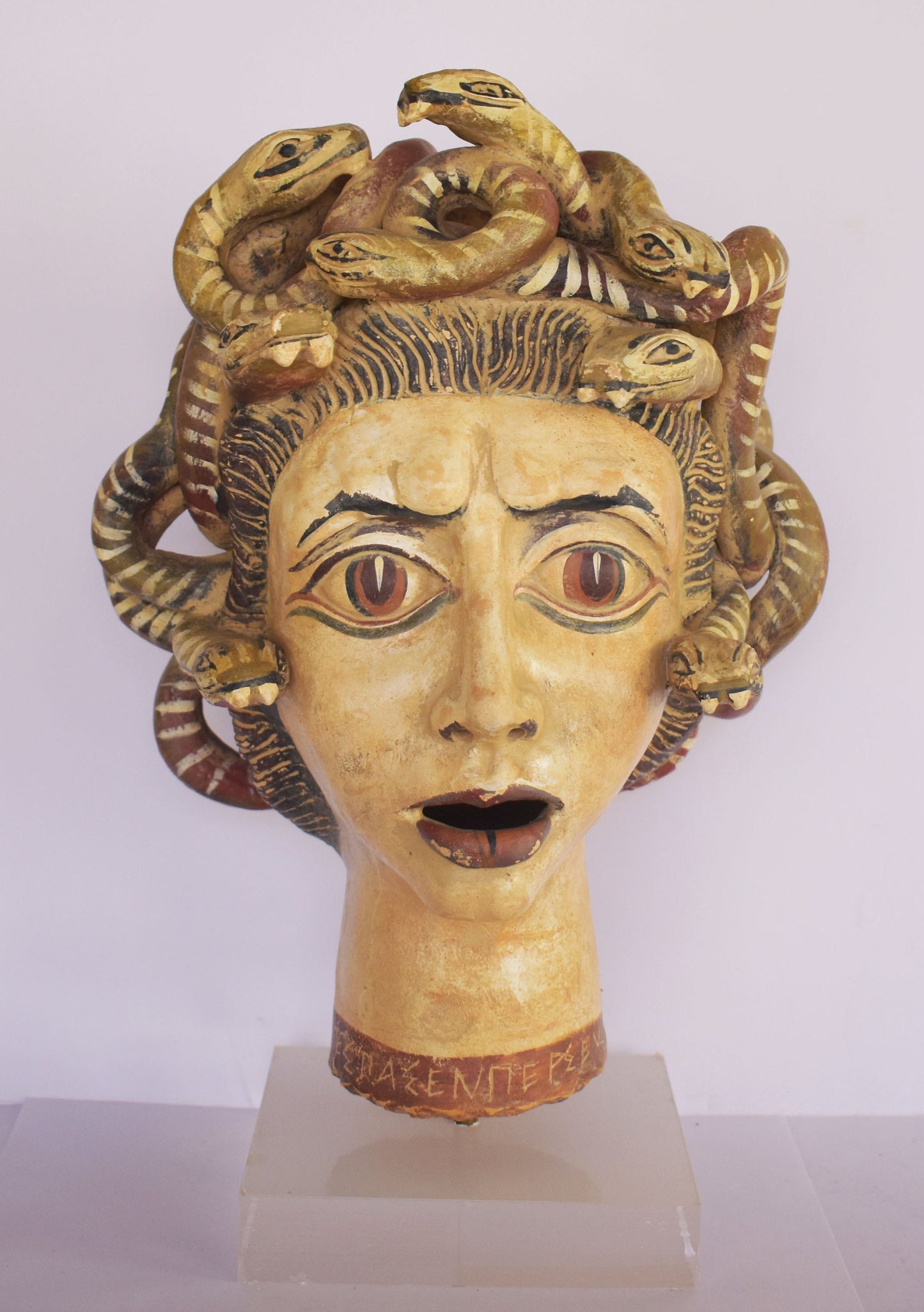 Medusa Head - Snake-Haired Gorgon - Symbol of natural cycle of birth, death and rebirth - Plexiglass Base - Ceramic Artifact