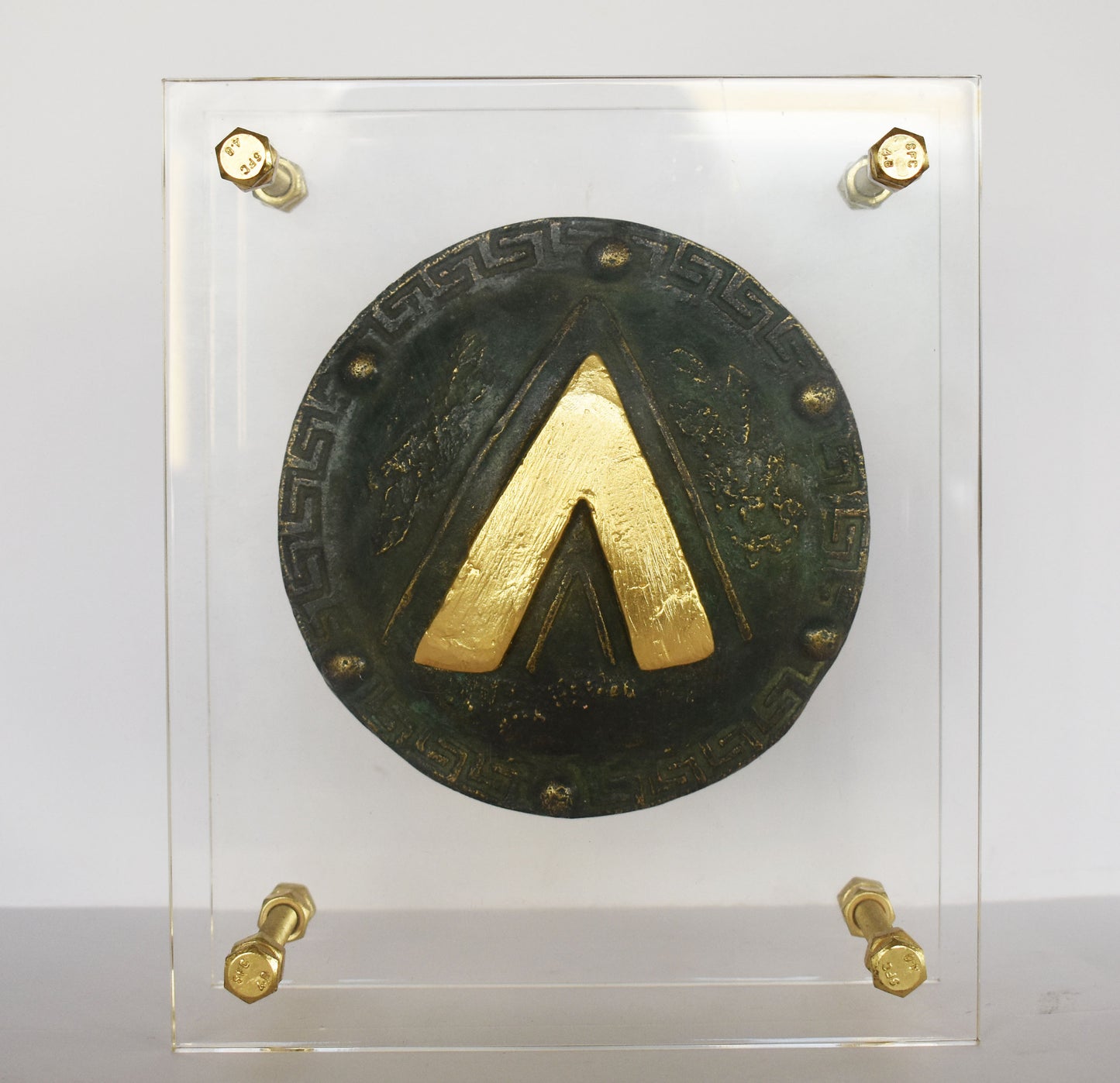 Leonidas Shield - Letter Λ, Meander Design - 480 BC, Battle of Thermopylae - 300 Spartans - Plexiglass Base - pure Bronze Sculpture
