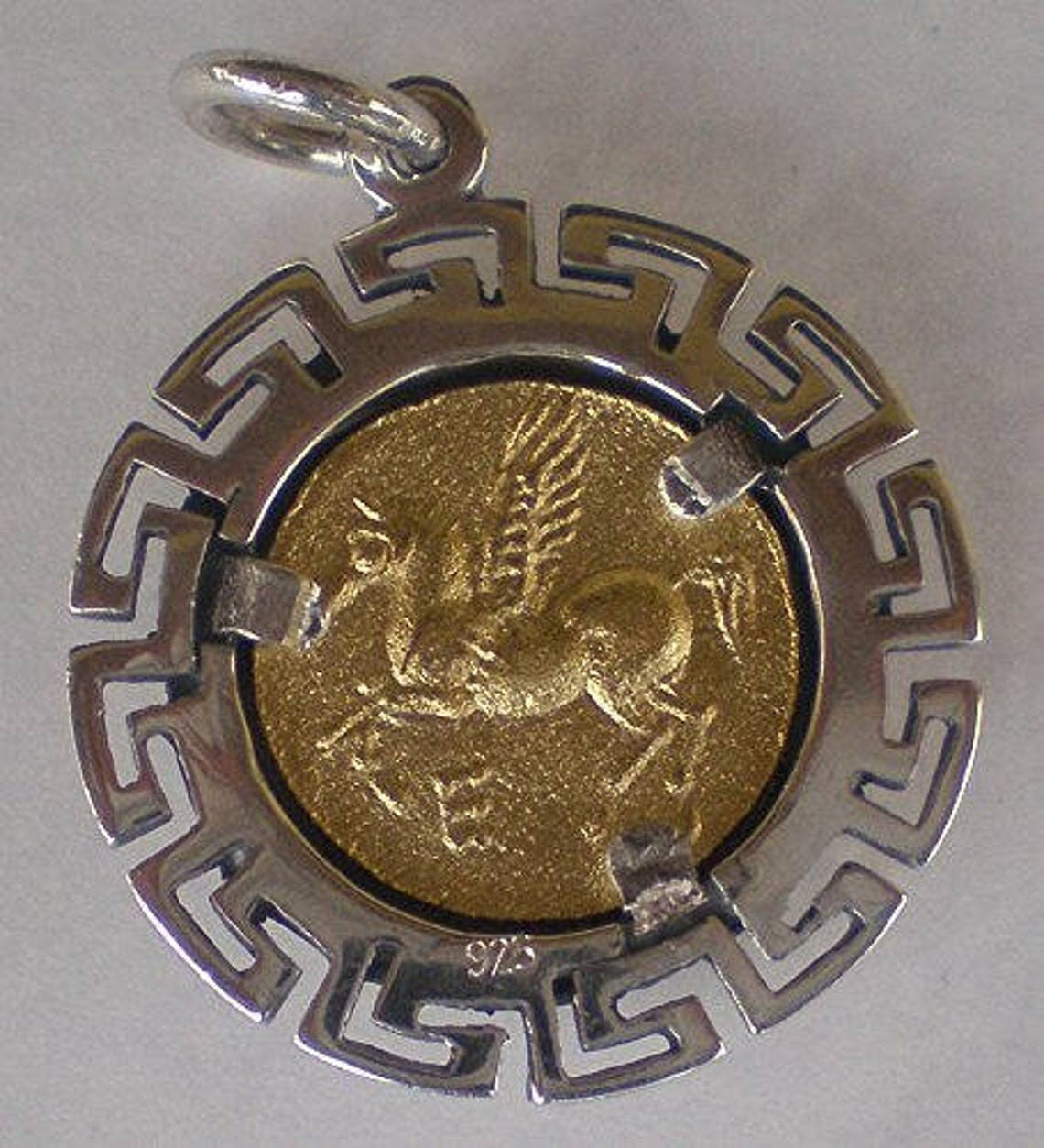 Artemis Diana - Greek Roman Goddess of wild animals,hunting - Pegasus and Meander design - Gold Plated Coin Pendant - 925 Sterling Silver
