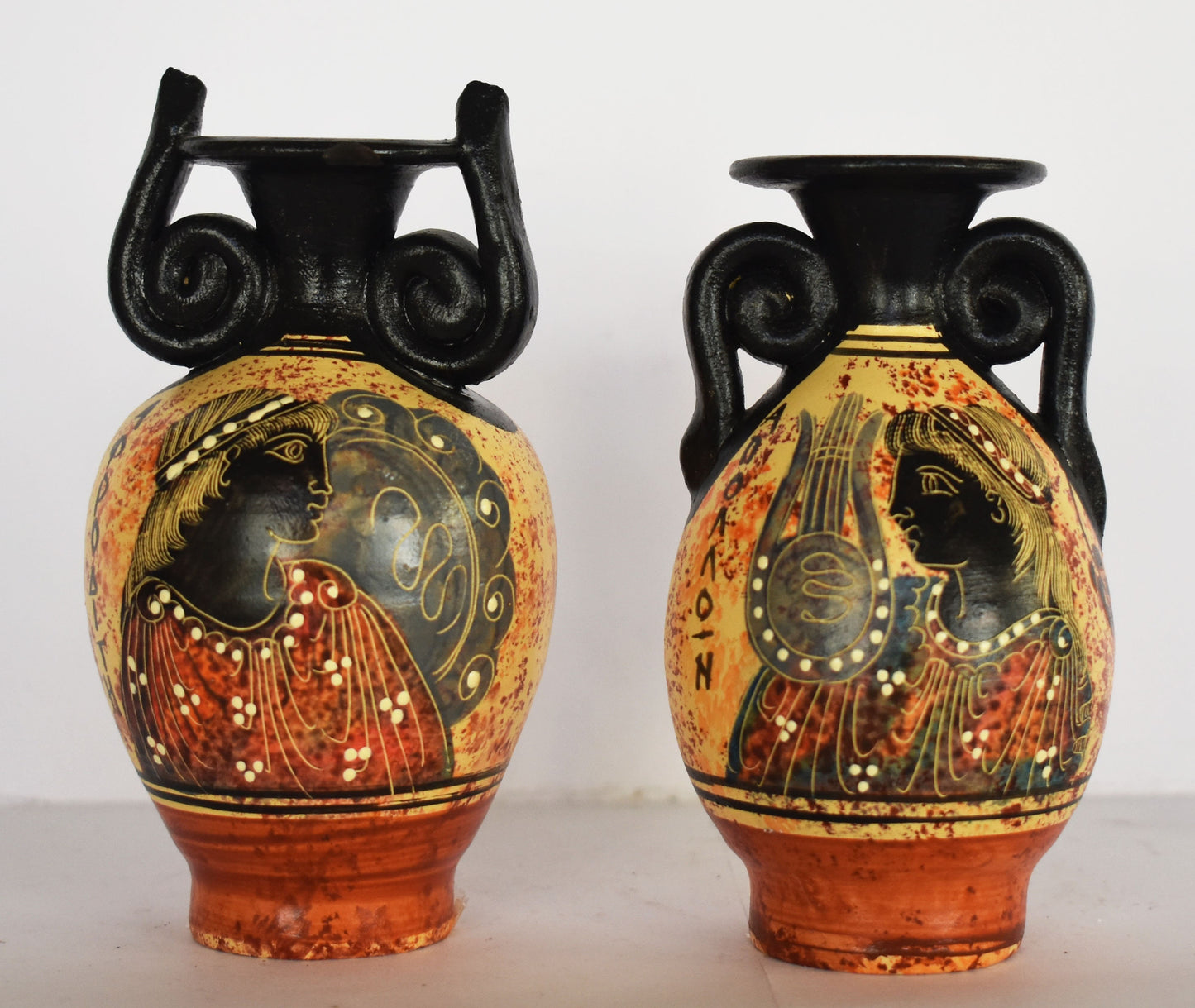 Set of 2 Small Ancient Greek Vases - Aphrodite and Apollo - Floral design - Ceramic Vessels