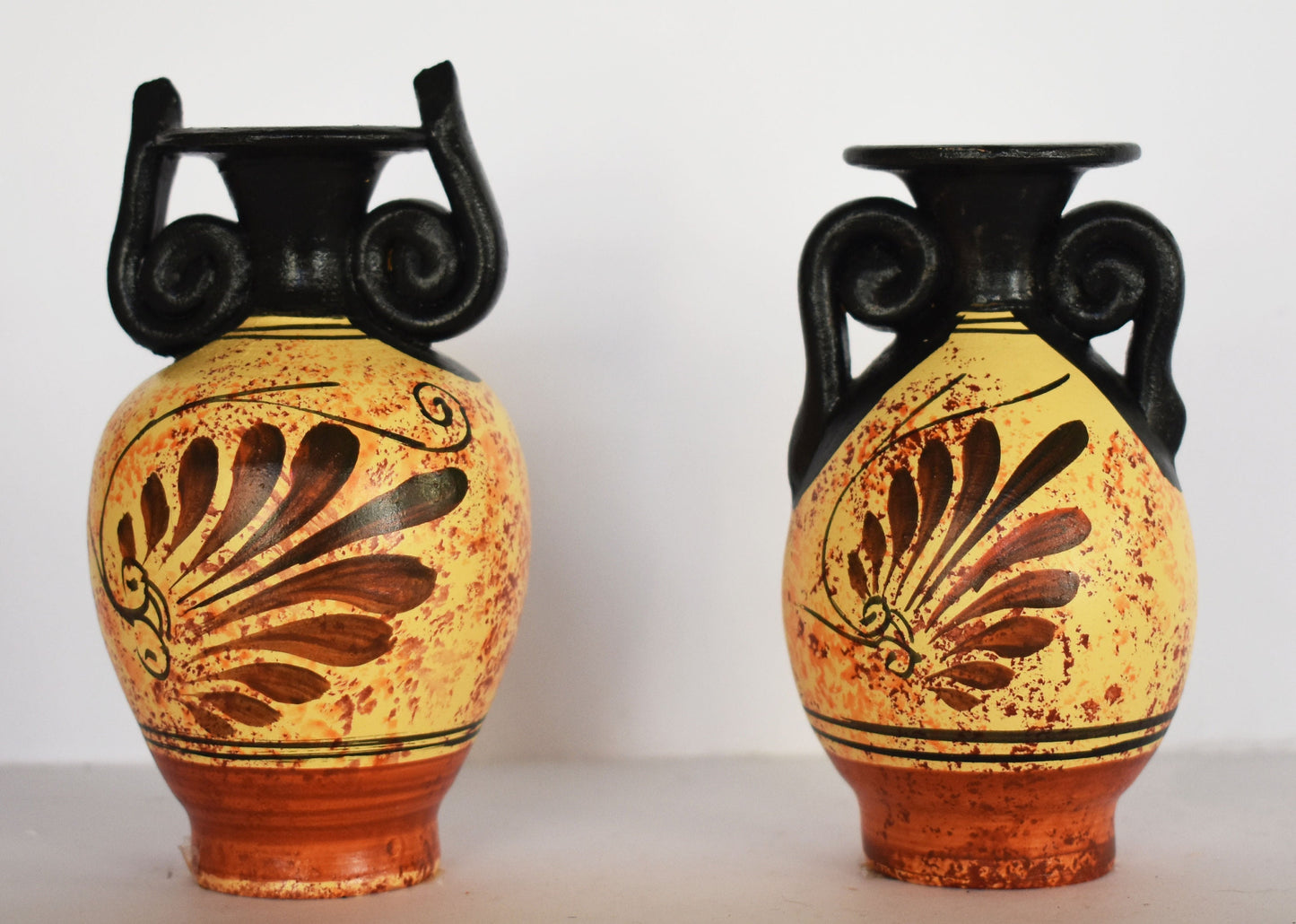 Set of 2 Small Ancient Greek Vases - Aphrodite and Apollo - Floral design - Ceramic Vessels