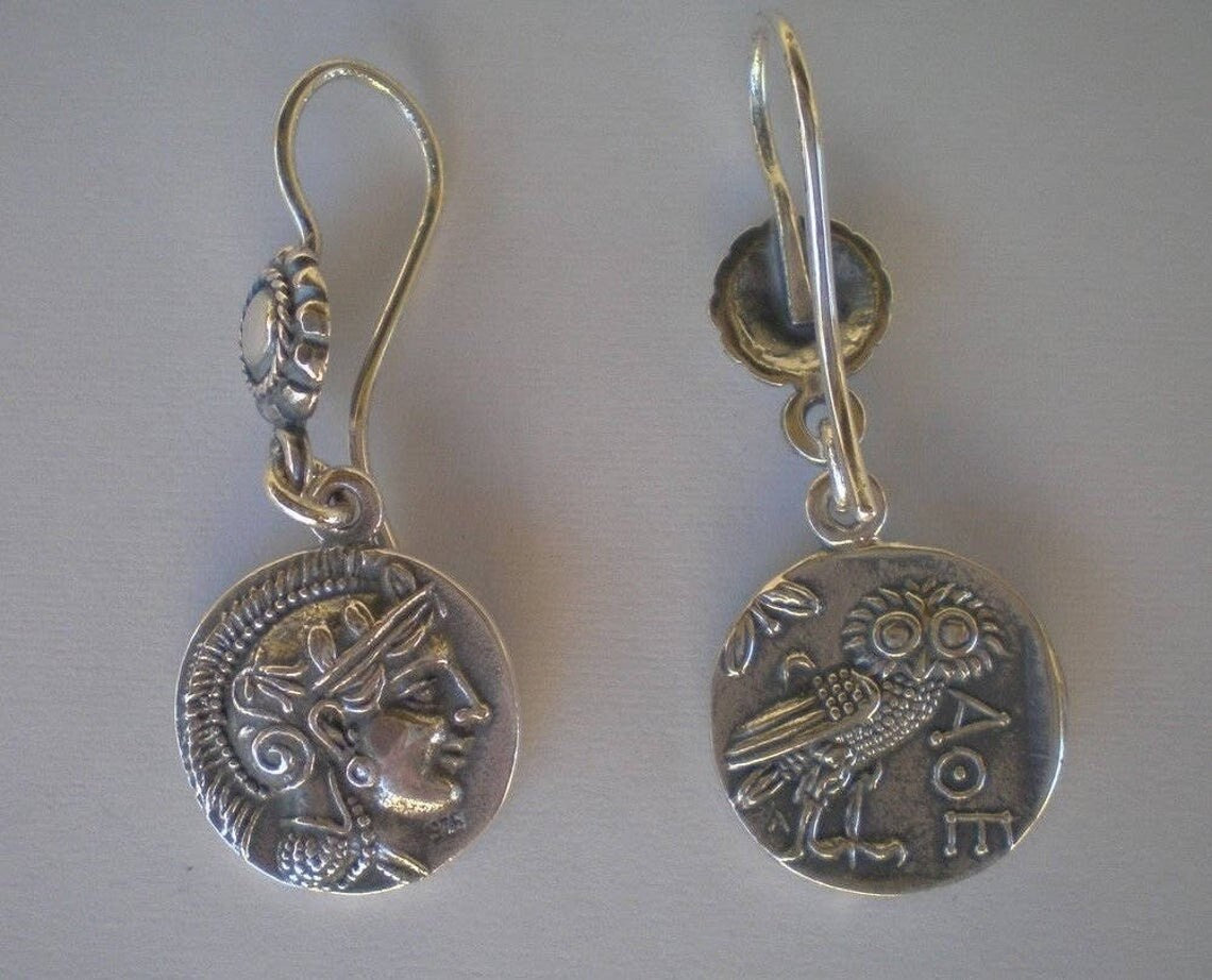 Athena Minerva Greek Roman Goddess of Wisdom - Owl - Tetradrachm 431-413 BC - Earrings - 925 Sterling Silver