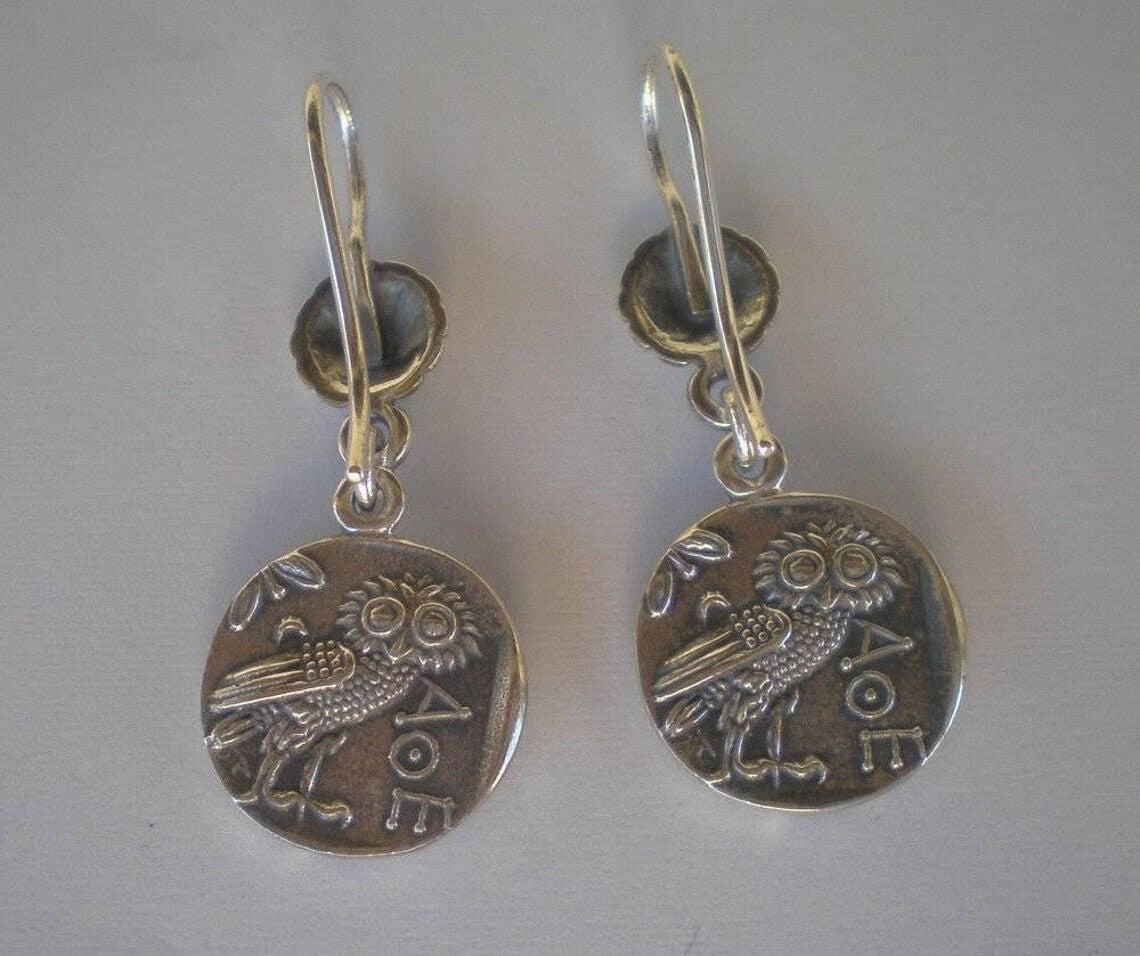 Athena Minerva Greek Roman Goddess of Wisdom - Owl - Tetradrachm 431-413 BC - Earrings - 925 Sterling Silver