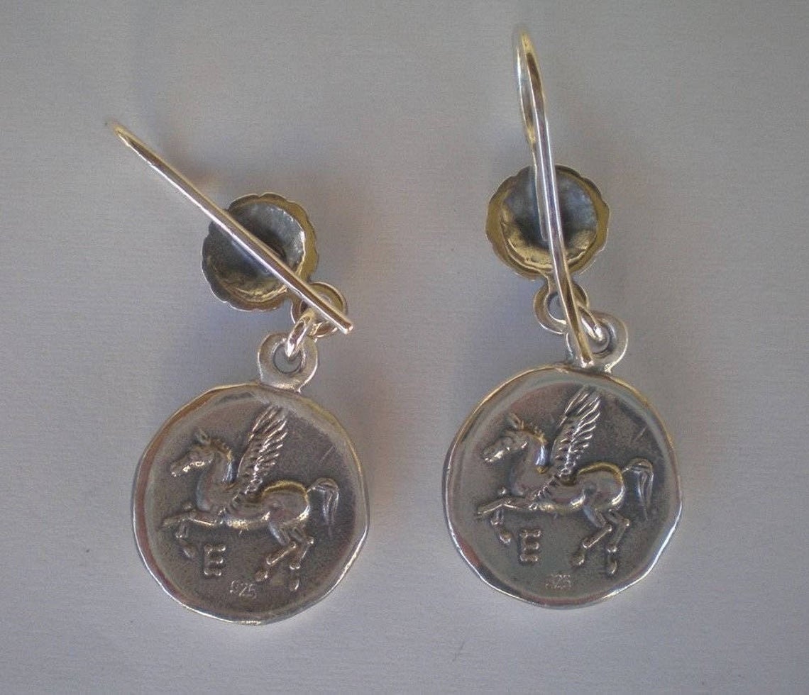Aphrodite Venus - Greek Roman Goddess of Love - Pegasus - Mythical Horse - Drachm Corinth - 400-350 BC - Earrings - 925 Sterling Silver