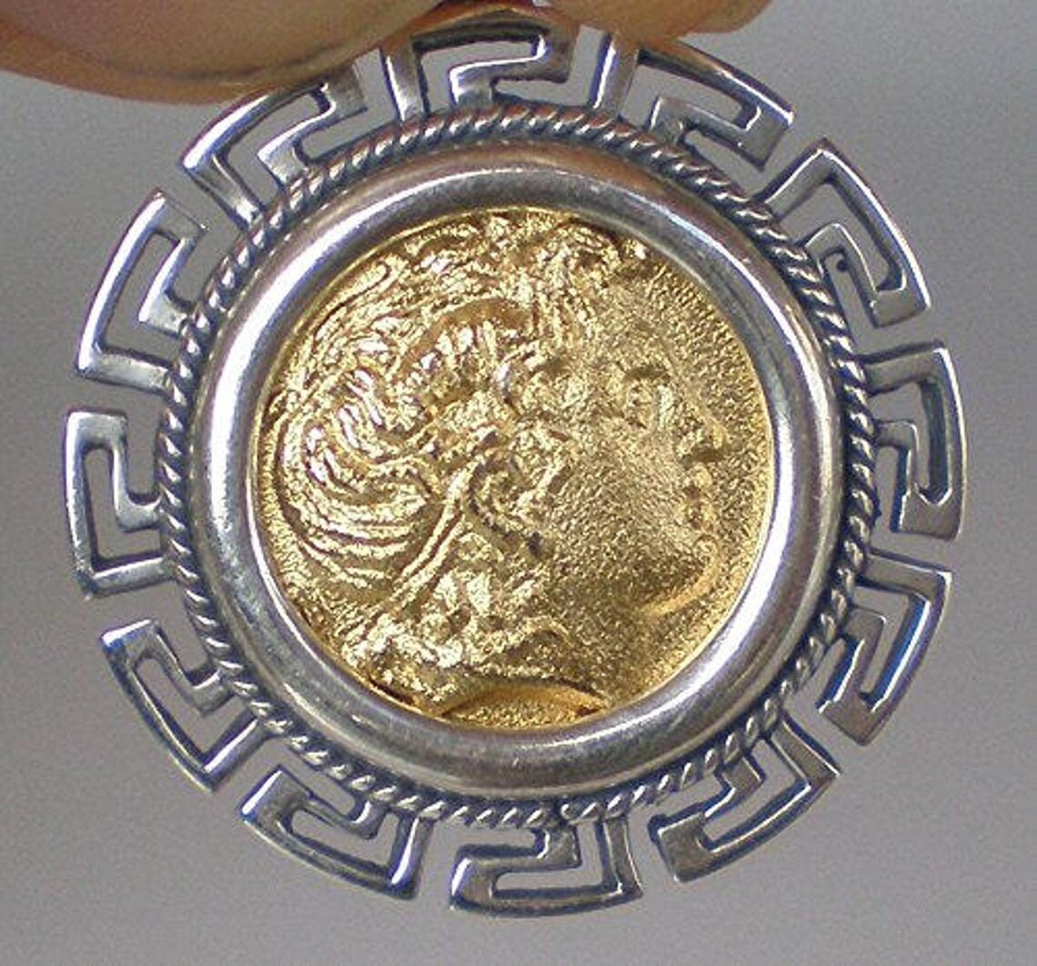 Alexander The Great - Macedonian King - Meander Motif - Lysimachos Coin - Gold Plated Pendant - 925 Sterling Silver