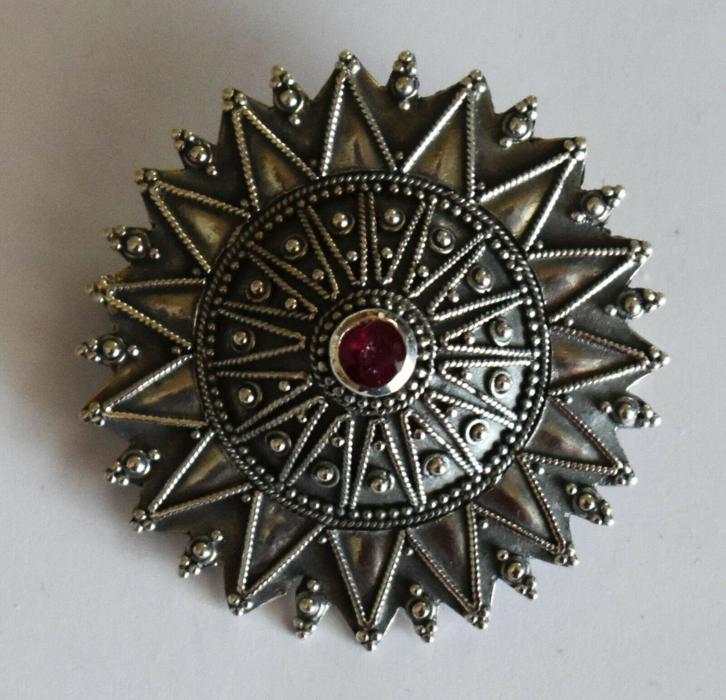 Byzantine Ornament with Ruby- Floral Motif - Constantinople - Brooch Pin - 925 Sterling Silver