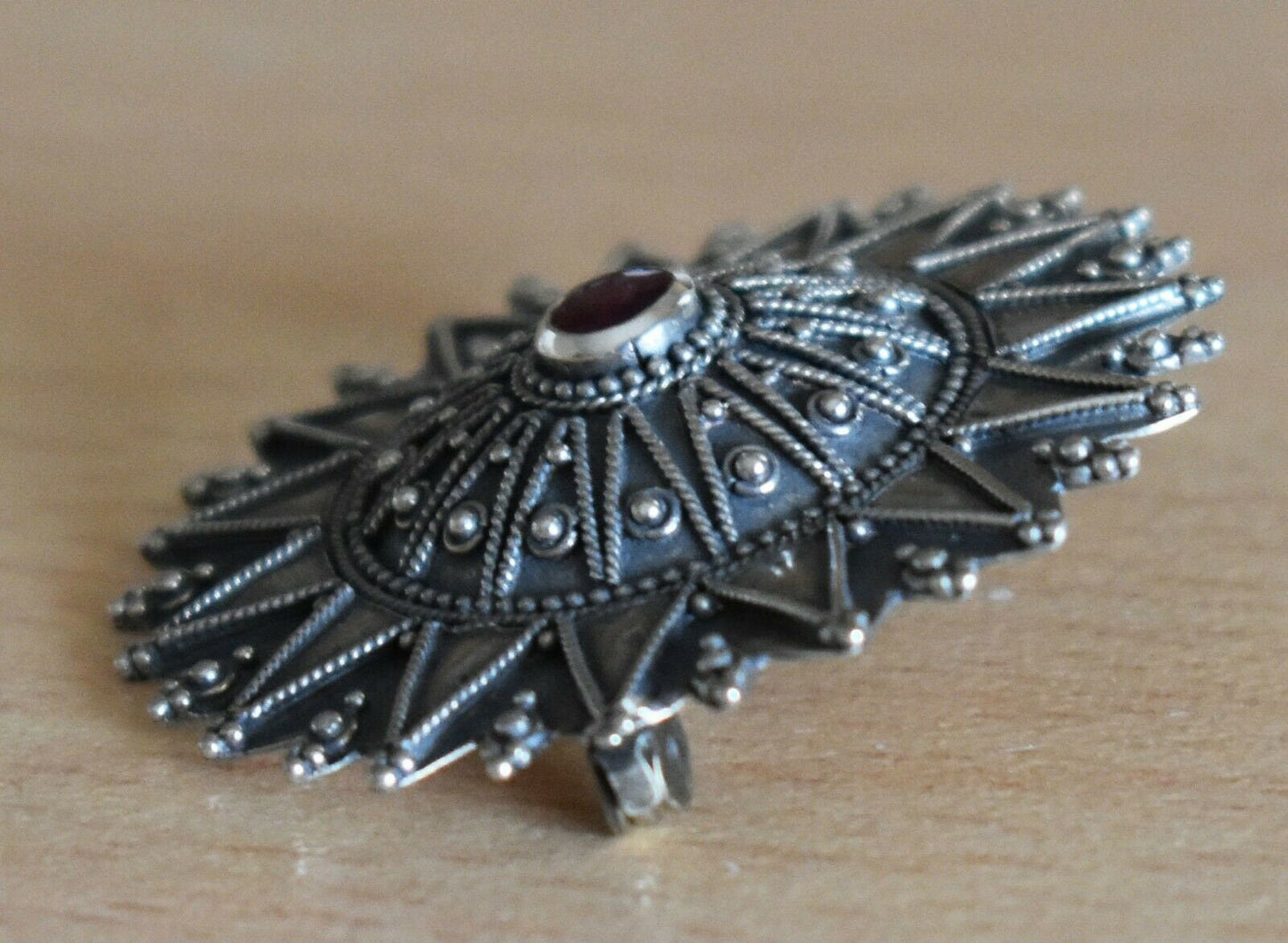 Byzantine Ornament with Ruby- Floral Motif - Constantinople - Brooch Pin - 925 Sterling Silver