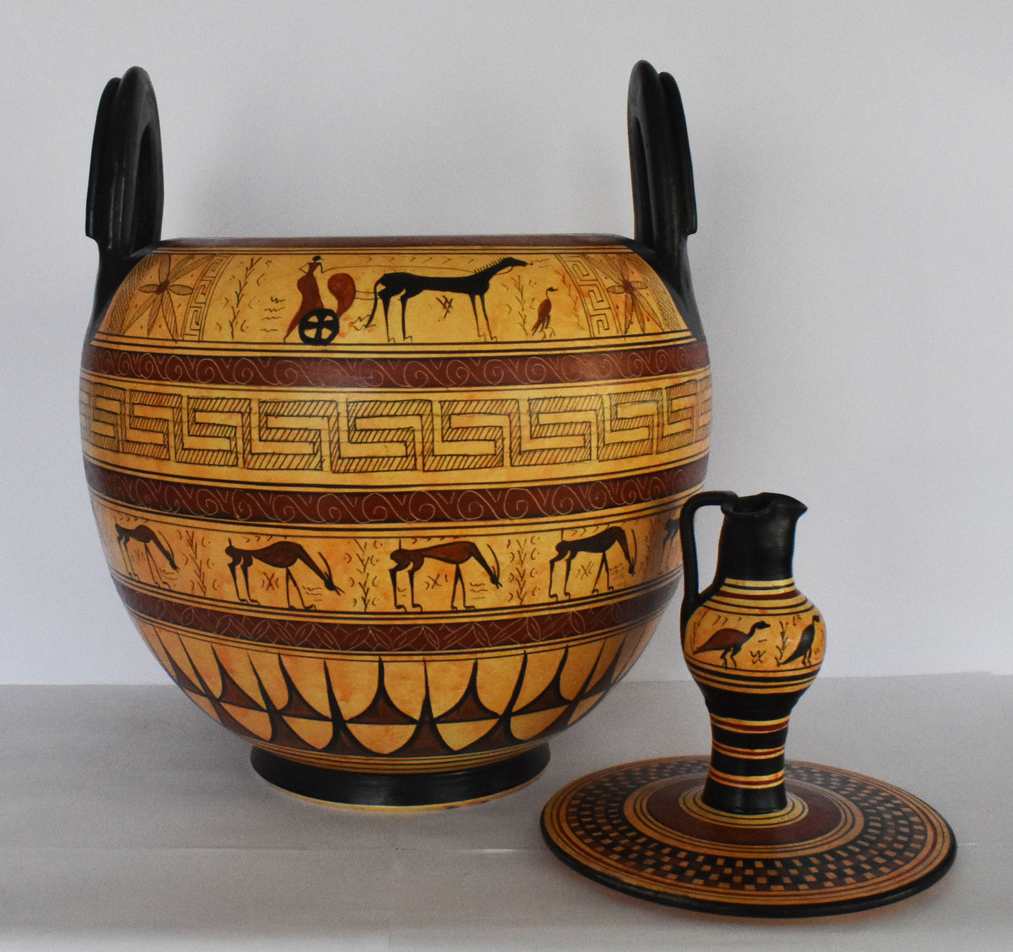 Geometric period Vessel - Man on a Chariot, Animals, Meander and Rosette Motives - Ceramic Vase