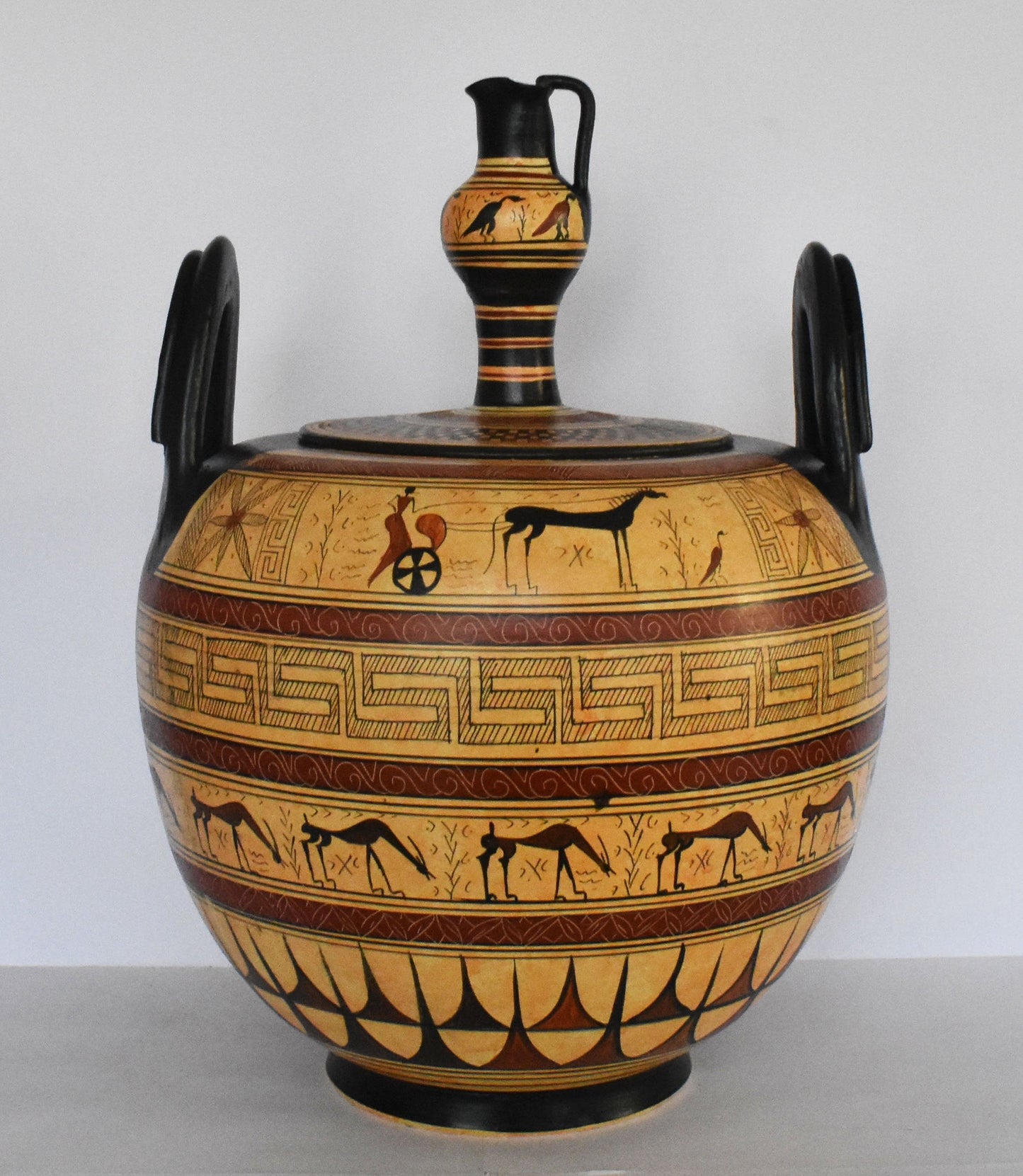 Geometric period Vessel - Man on a Chariot, Animals, Meander and Rosette Motives - Ceramic Vase