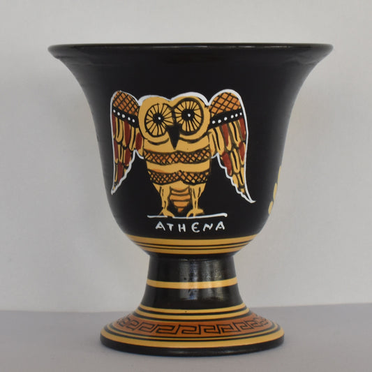 Pythagoras Cup - Fair Cup, Cup of Justice - Athenian Owl, Symbol of Wisdom and Floral Design - Ceramic  - Handmade in Greece