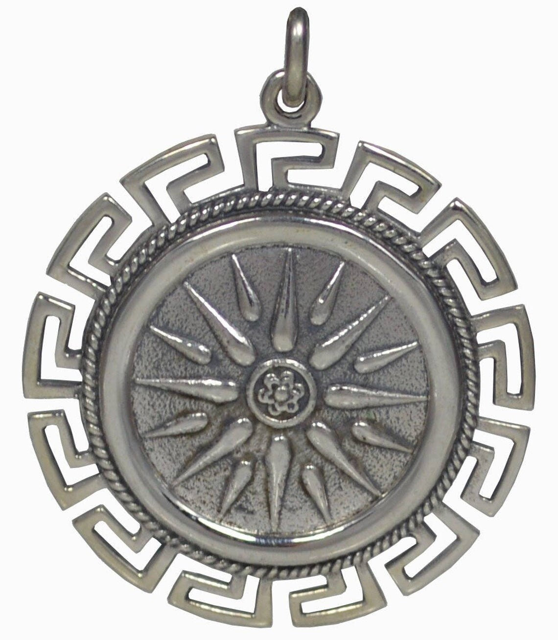 Vergina Sun - Alexander the Great - Macedonia - Rayed Solar Symbol - Meander Design - Pendant - 925 Sterling Silver