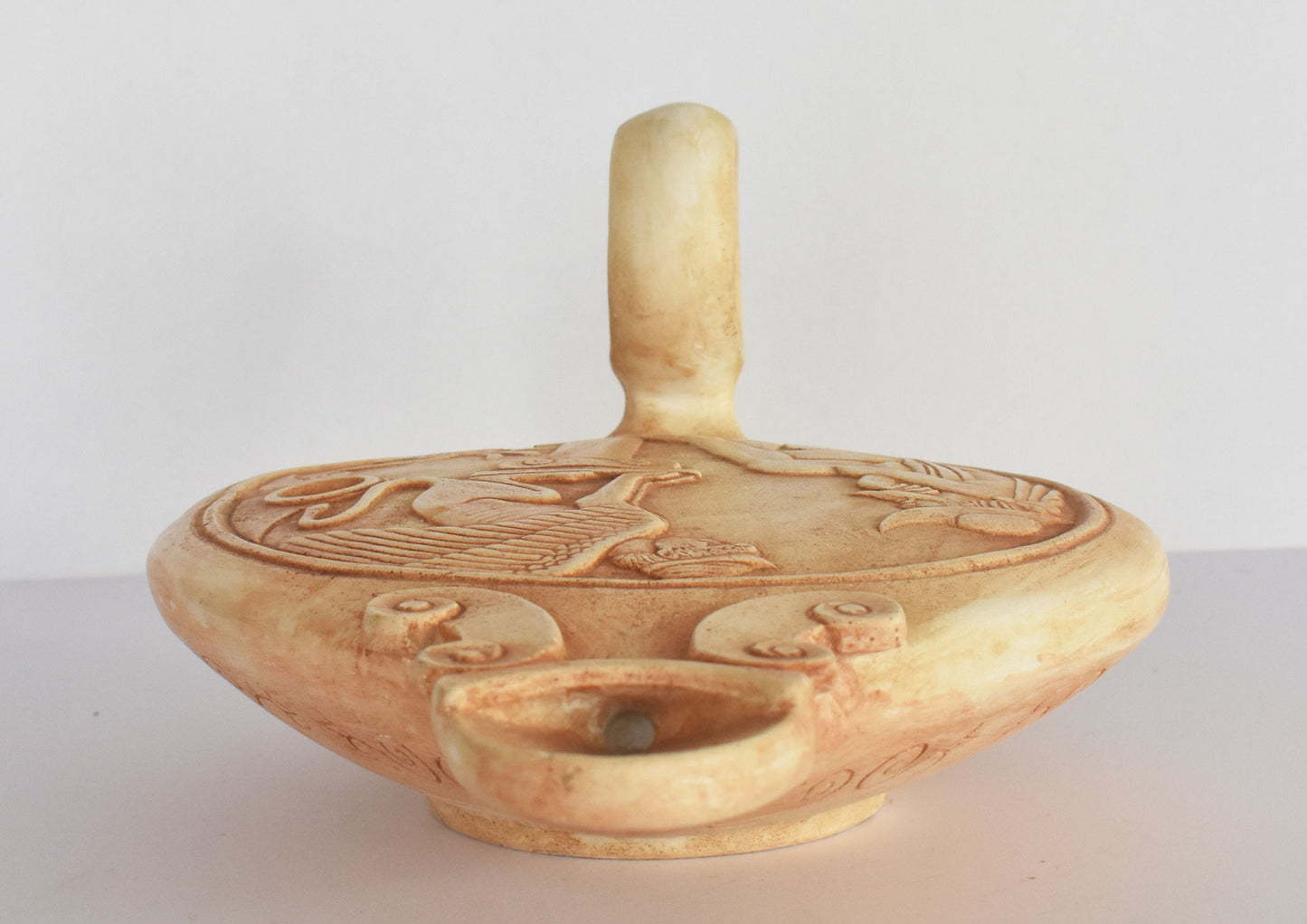 Oil Lamp -  Oedipus and the Riddle of the Sphinx - Greek Mythology Theme - Museum Reproduction - Ceramic Artifact