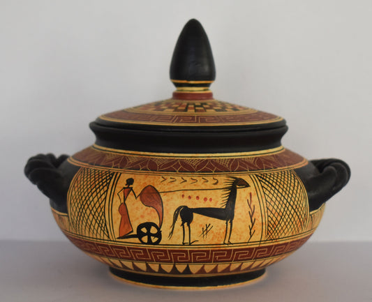 Geometric period Pyxis - Man on a Chariot - Meander Design - Attica, Athens - Ceramic Vase