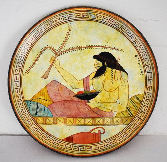 Dionysus Bacchus - Greek Roman God of Wine, Fertility, Ecstasy  - Meander - Attic Period - 450 BC - Ceramic plate - Handmade in Greece