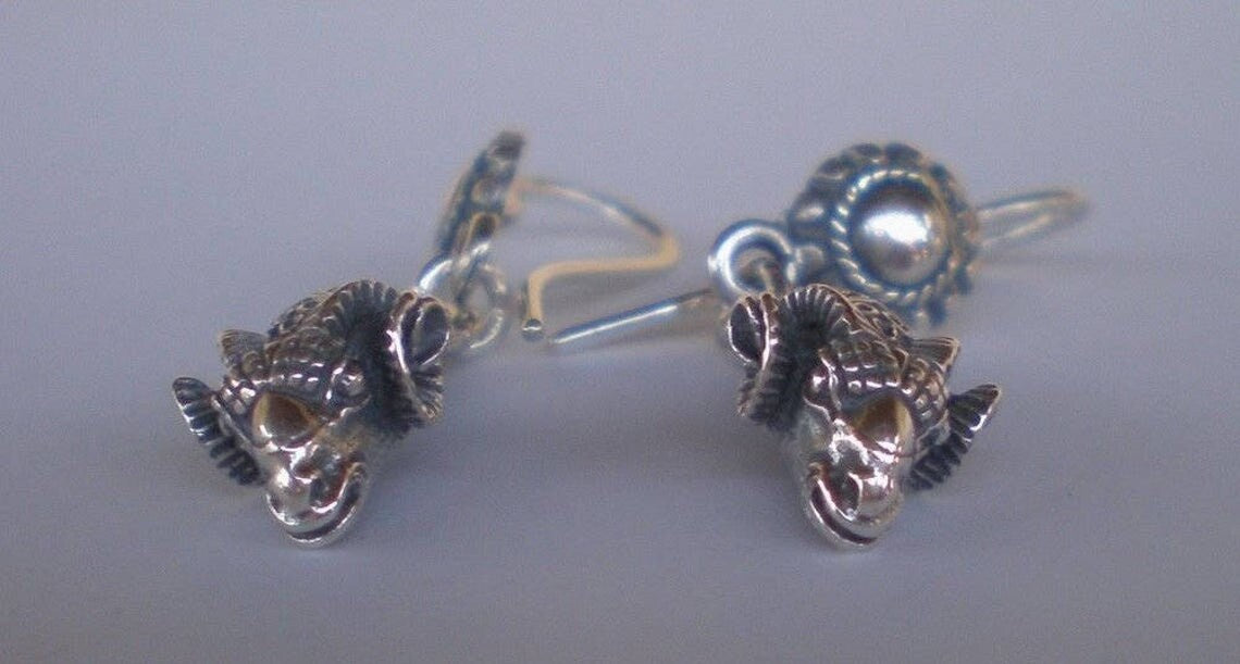 Ram Head - Ancient Greek Symbol of Authority, Nobility, Virility, Fertility, Power andLeadership - Earrings - 925 Sterling Silver