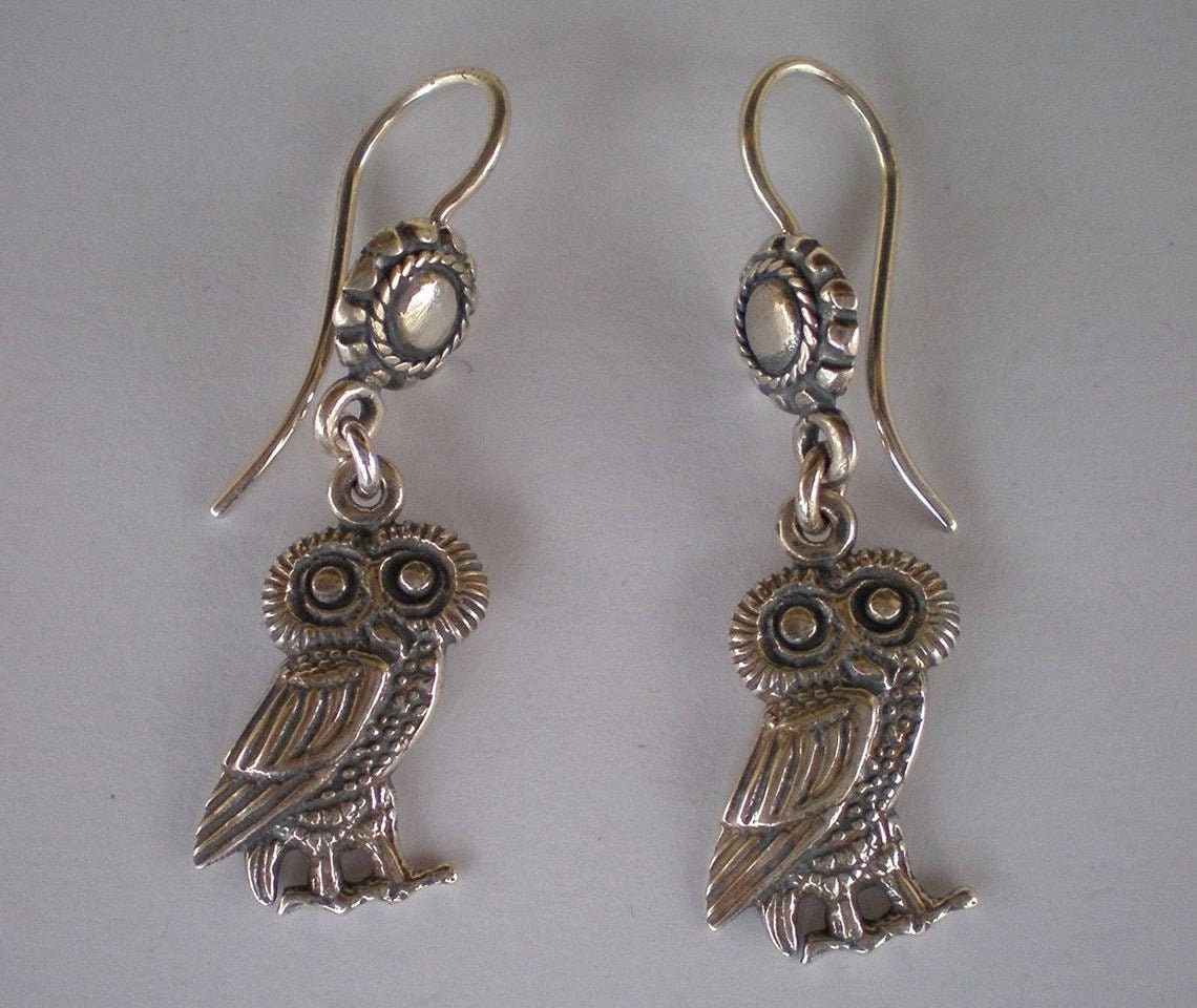 Owl Of Wisdom and Knowledge - Symbol of Goddess Athena Minerva - Ancient Greece - Earrings - 925 Sterling Silver