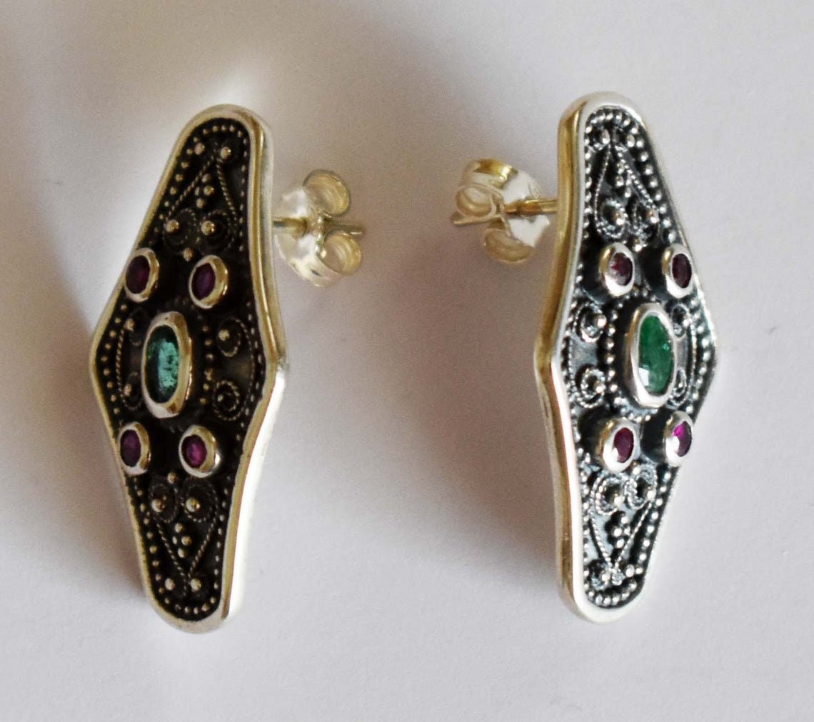 Byzantine Style Jewelry - With Ruby & Emerald - Earrings - 925 Sterling Silver