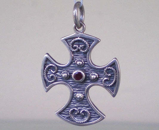 Byzantine Cross - Double Sided - Symbol of Faith - With Ruby & Emerald - Pendant - 925 Sterling Silver